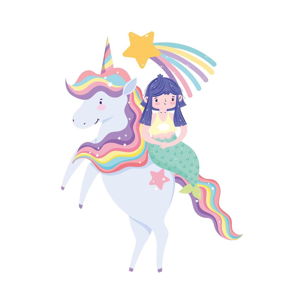 mermaid on unicorn shooting star rainbow cartoon vector