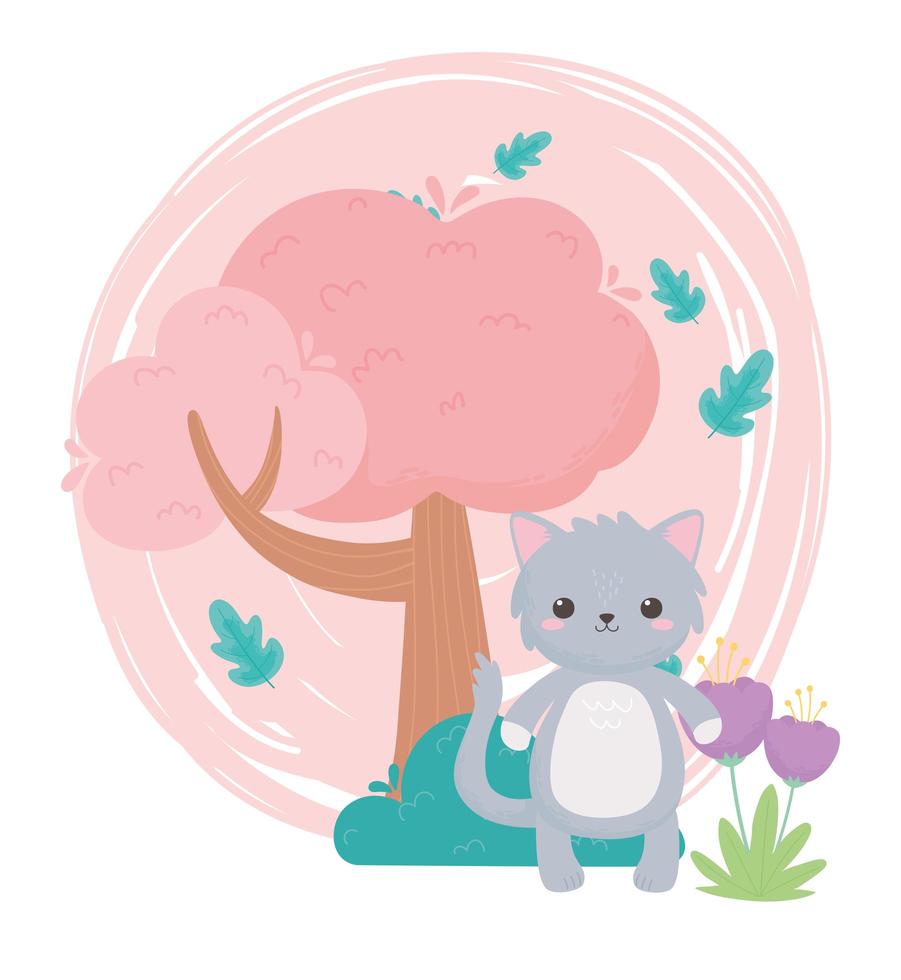 lindo gato gris flores árbol arbusto animales de dibujos animados en un paisaje natural vector