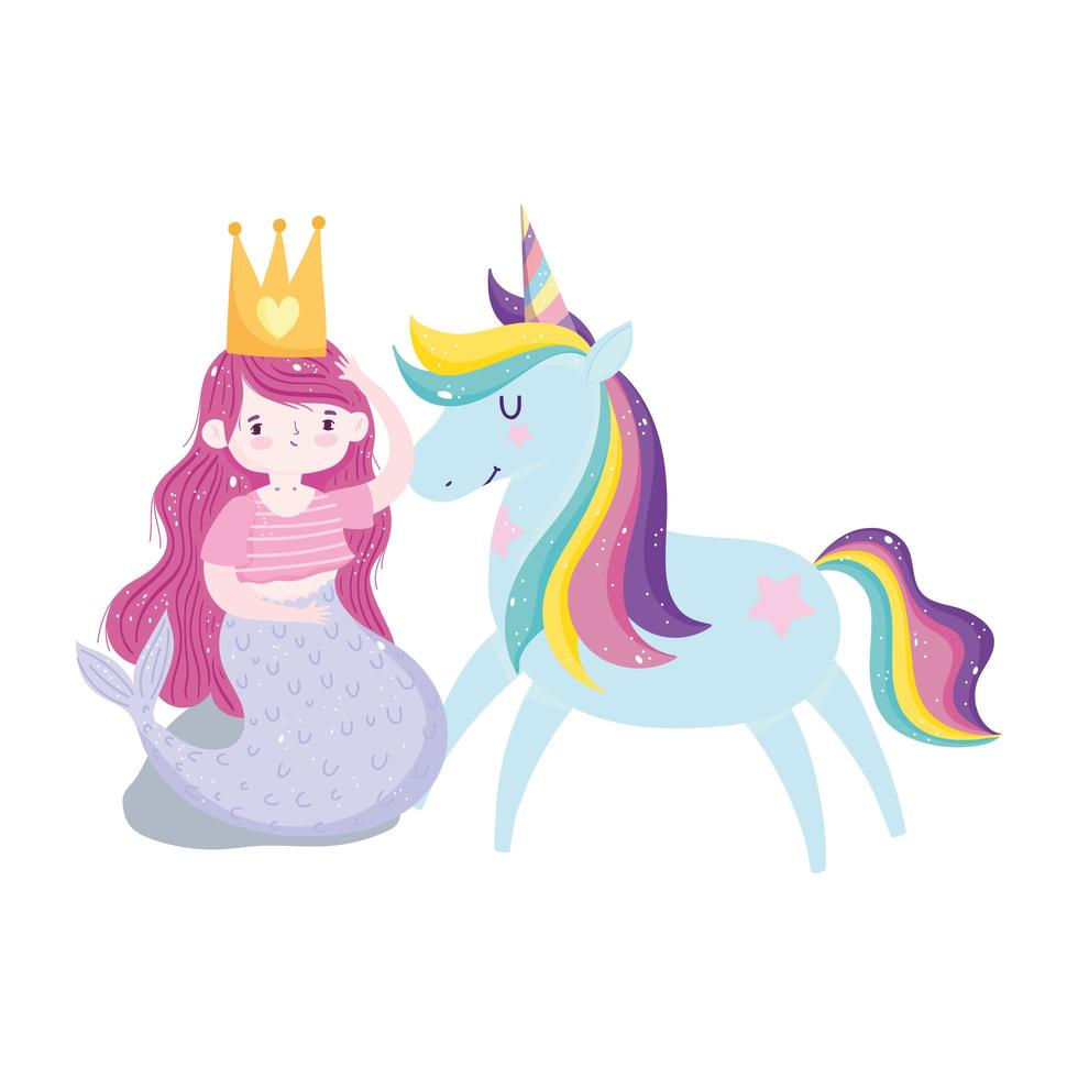 unicornio y sirena con dibujos animados mágicos de princesa corona vector