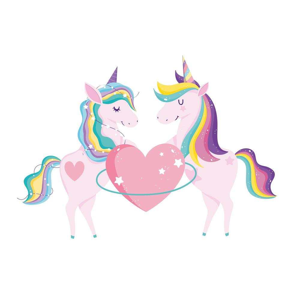 unicorns with rainbow mane heart love fantasy cartoon vector