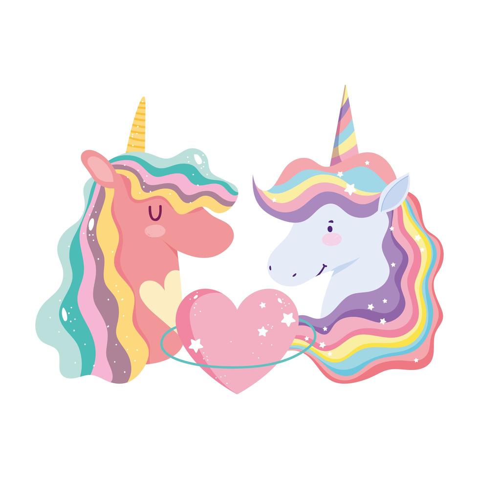 cute unicorns portrait rainbow mane heart and star cartoon vector