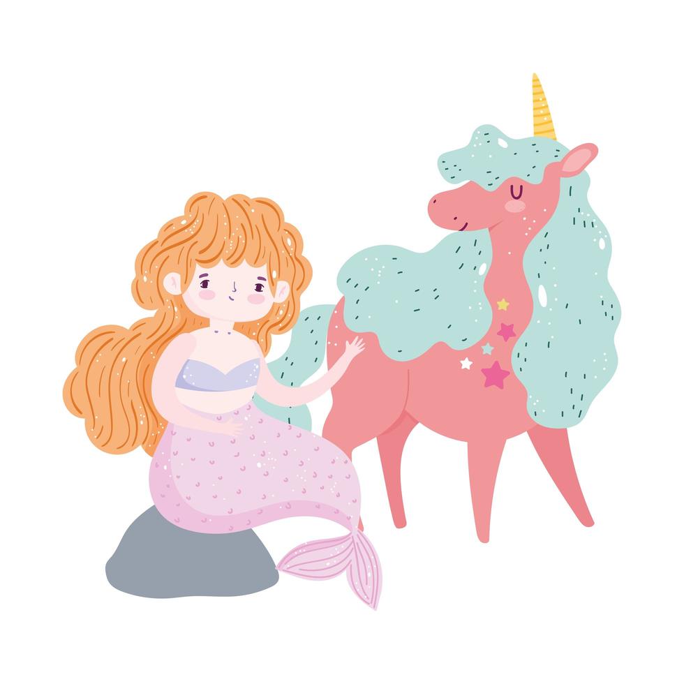 unicornio jugando con personajes de sirena dibujos animados de sueños mágicos vector