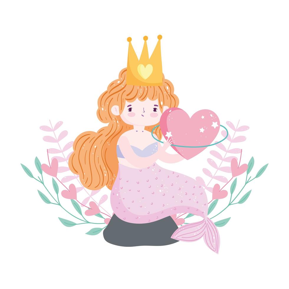 cute little mermaid with pink tail sitting on rock with heart planet vector