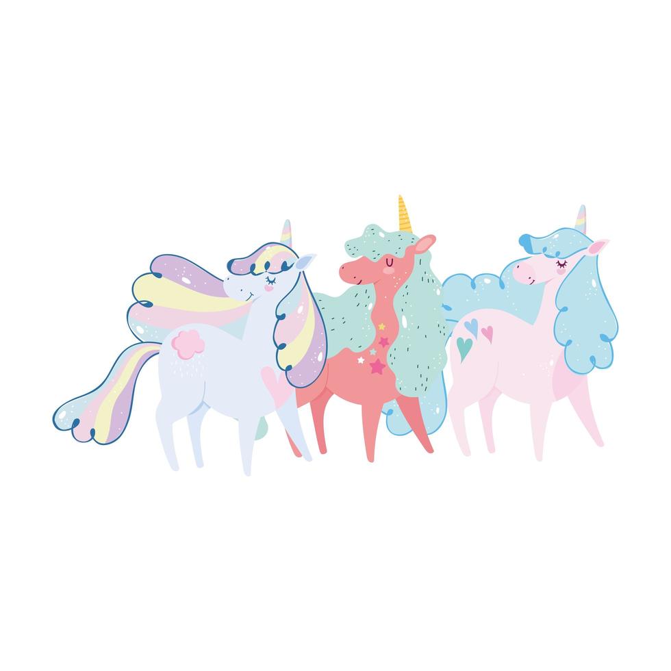 lindos pequeños unicornios arco iris pelo cuerno sueño dibujos animados vector