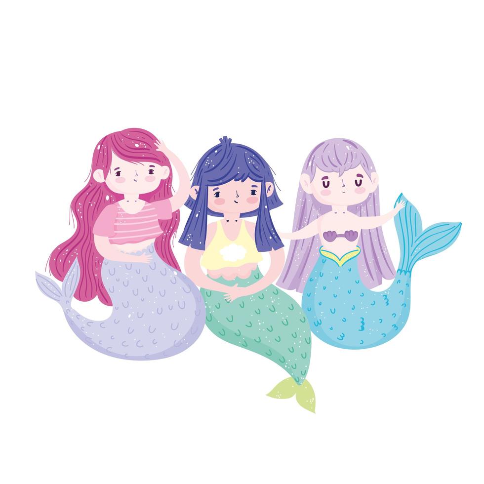 pequeños personajes de sirenas hermosas dibujos animados de colas multicolores vector