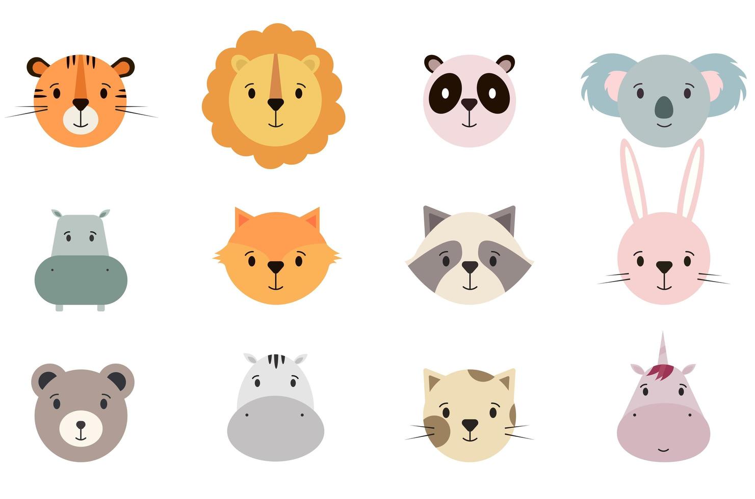 linda colección de caras de animales vector