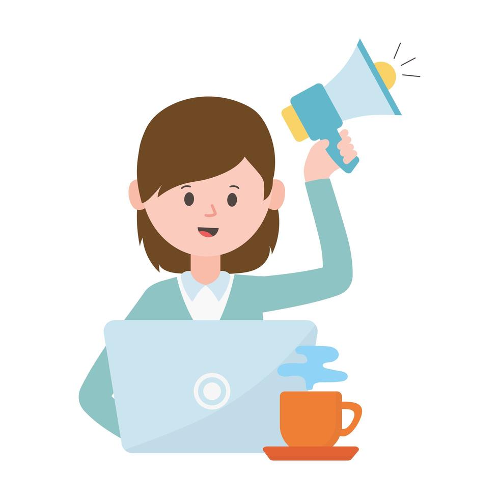 woman with megaphone and laptop working social network communication and technologies vector