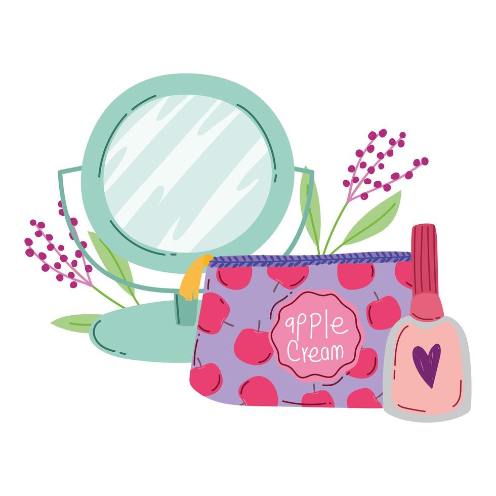 makeup fashion beauty mirror cosmetic bag and nail polish vector