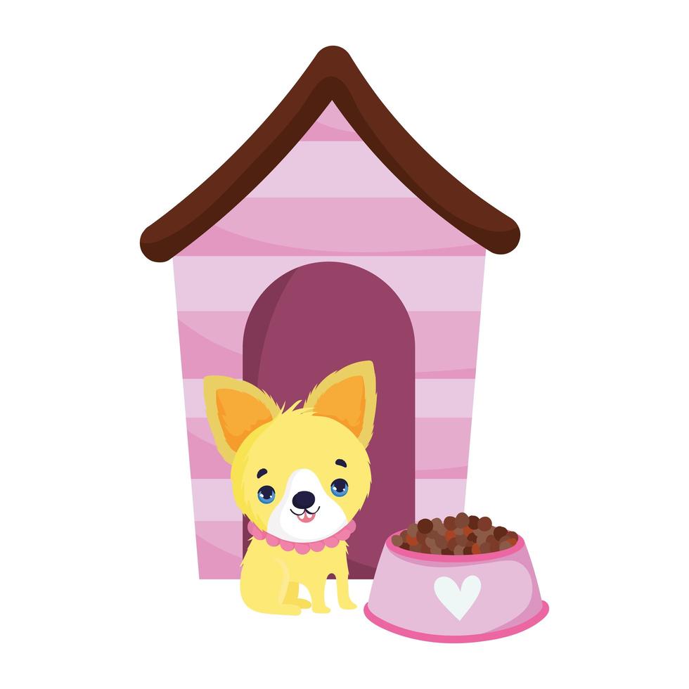 pet shop, little puppy house and bowl with food animal domestic cartoon vector