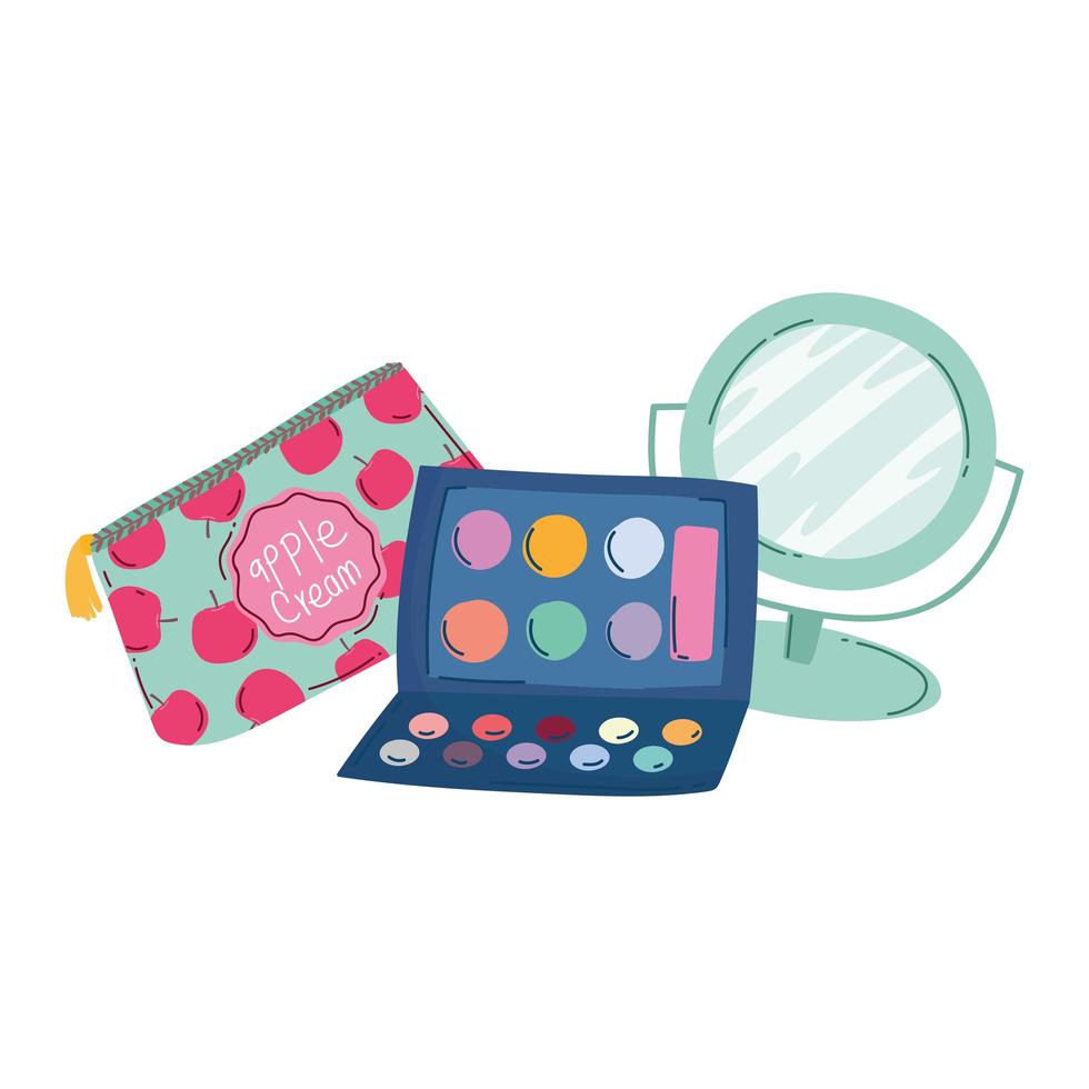 makeup cosmetics product fashion beauty cosmetic bag mirror and eyeshadow palette vector