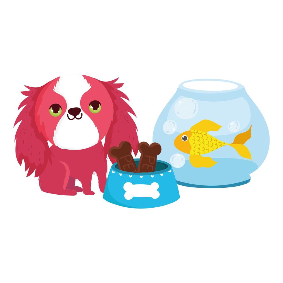 tienda de mascotas, peludo perrito pescado y huesos tazón de comida animal doméstico dibujos animados vector