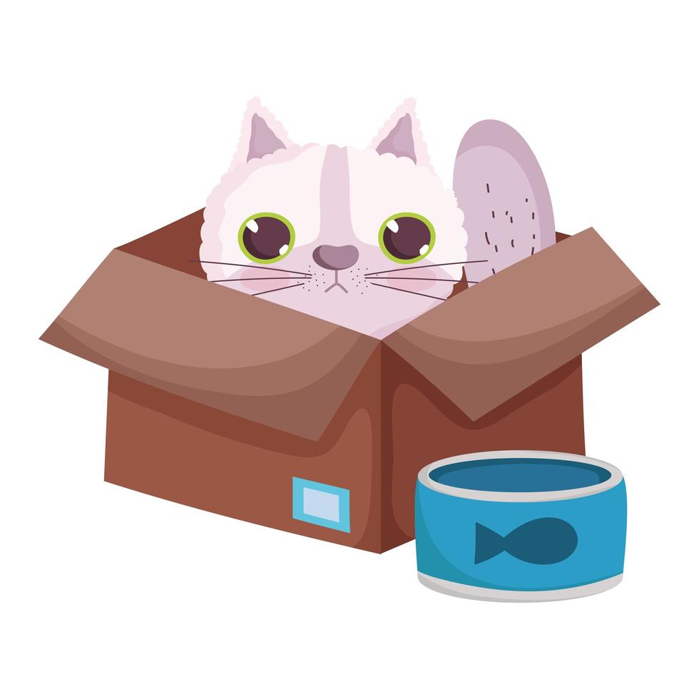 tienda de mascotas, gato en caja con pescado puede comida animal doméstico dibujos animados vector