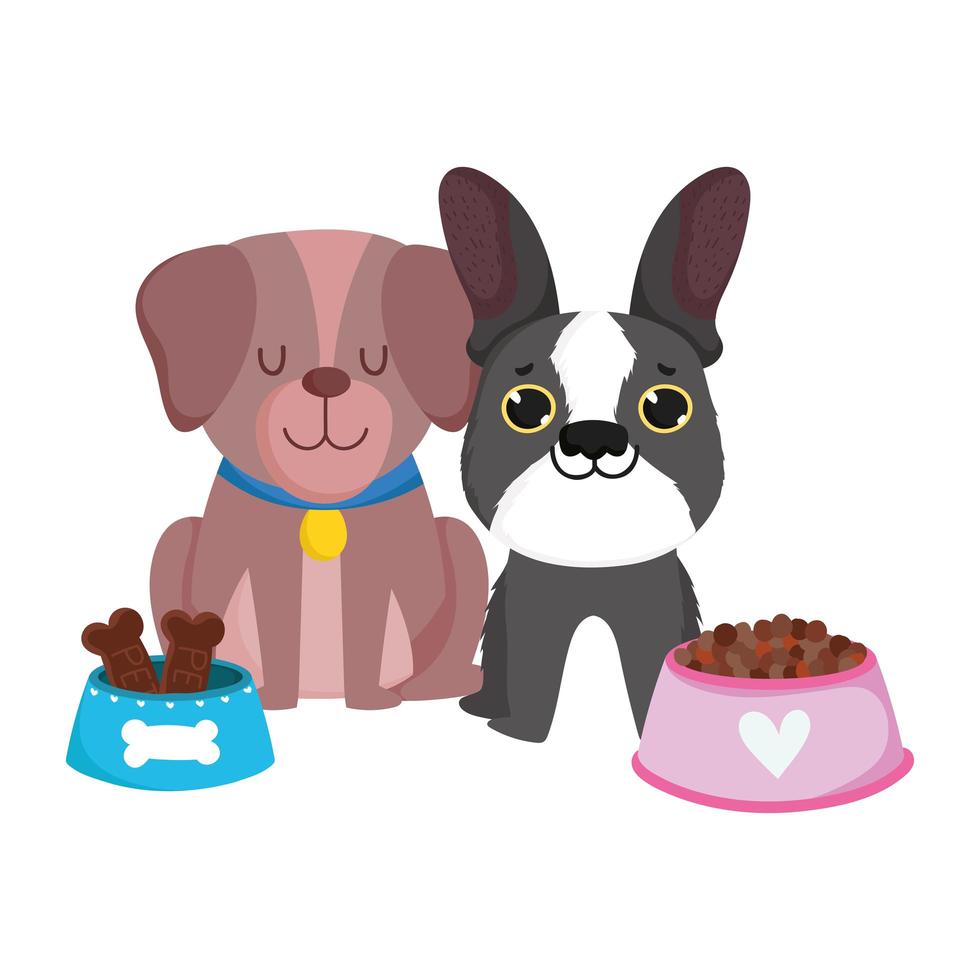 tienda de mascotas, perros de diferentes razas casa y comida animal doméstico dibujos animados vector