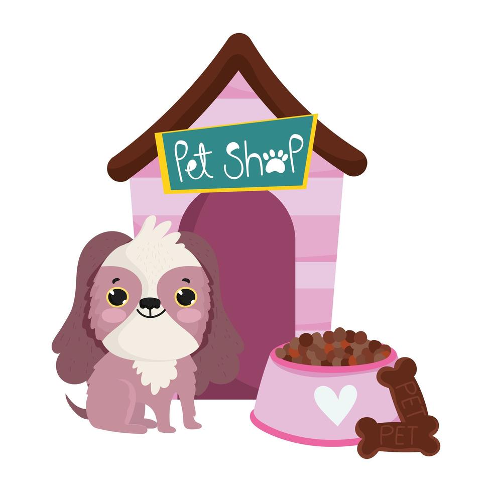 pet shop, cute dog sits with cookie food and house animal domestic cartoon vector