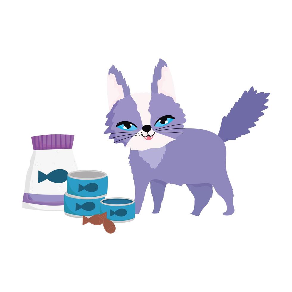 pet shop, funny cat with package food fish can and cookies animal domestic cartoon vector