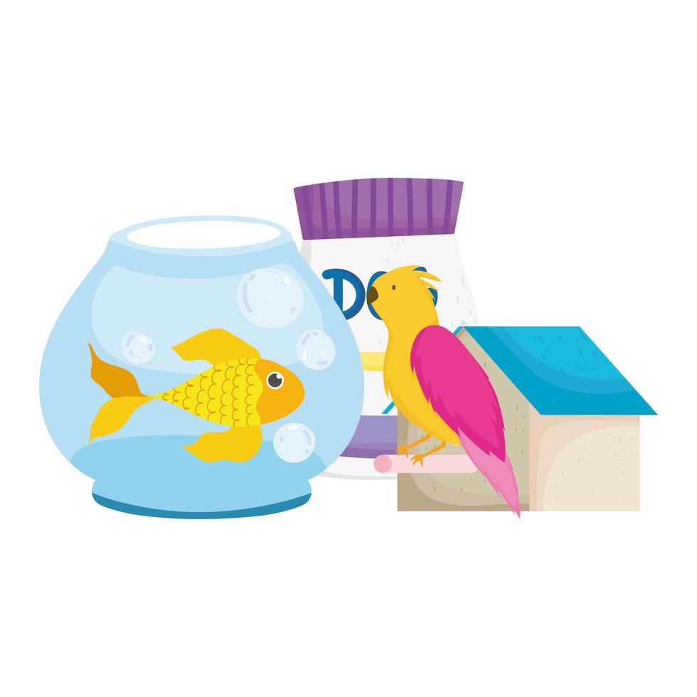 tienda de mascotas, casa de pájaros y pescado, comida de paquete, animal doméstico, dibujos animados vector