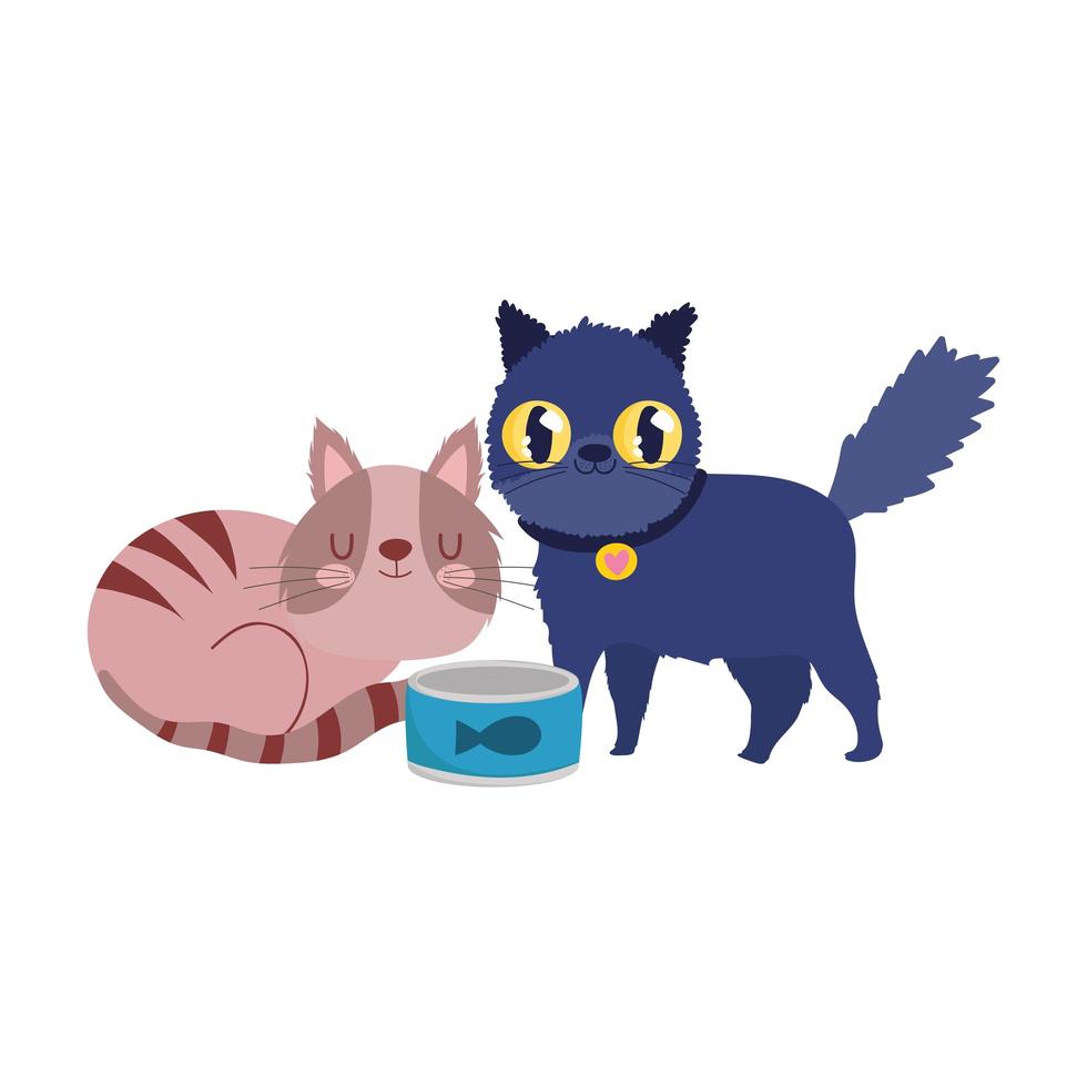 tienda de mascotas, gatos negros y rayados con pescado pueden comida animal doméstico dibujos animados vector