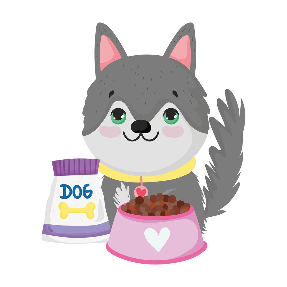 pet shop, puppy with bowl package food animal domestic cartoon vector