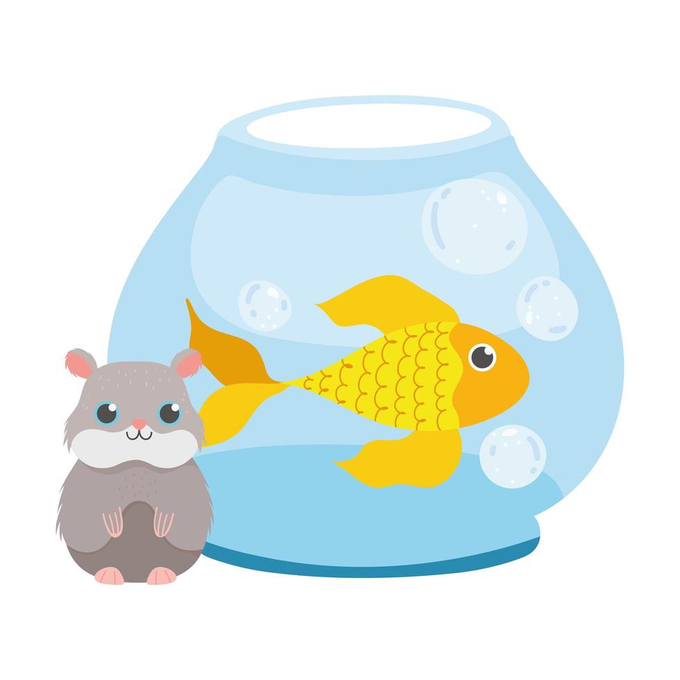 pet shop, hamster and fish in glass bowl animal domestic cartoon vector