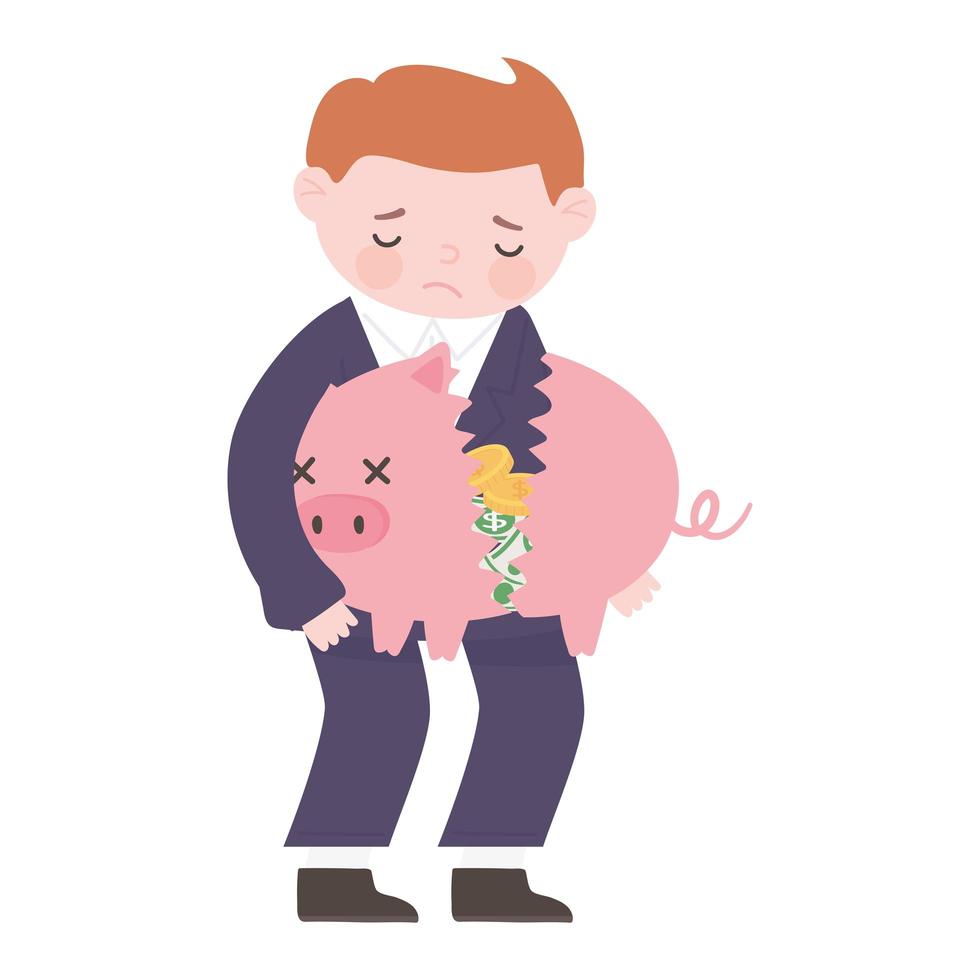 bankruptcy sad businessman holding broken piggy bank with money vector