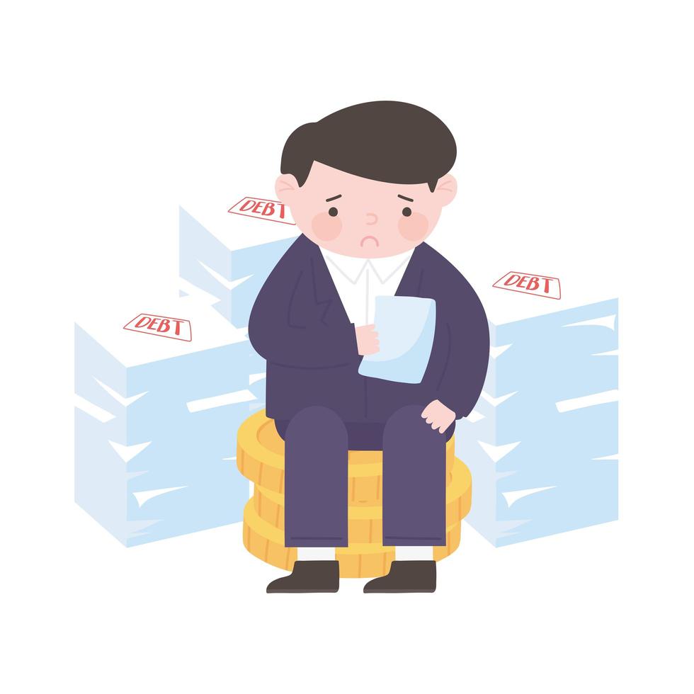 bankruptcy sad businessman with stack of papers debts vector