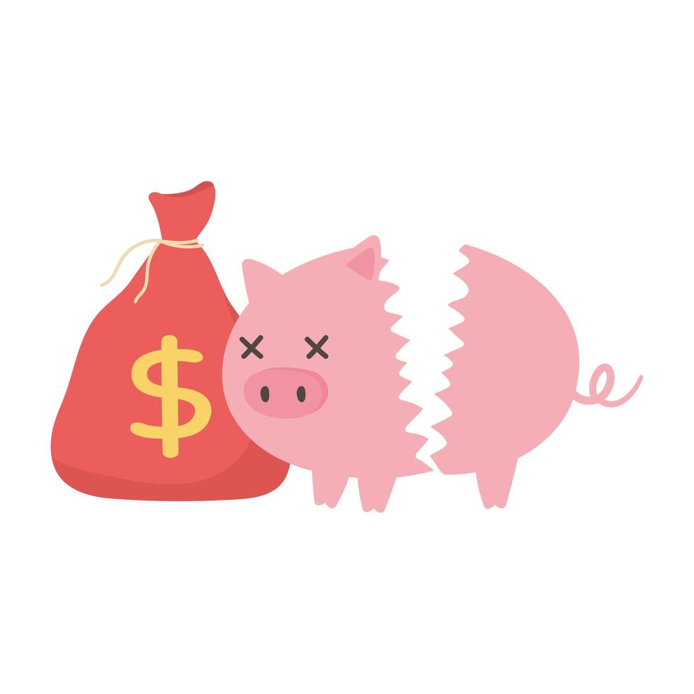 bankruptcy broken piggy bank and money bag of coins vector