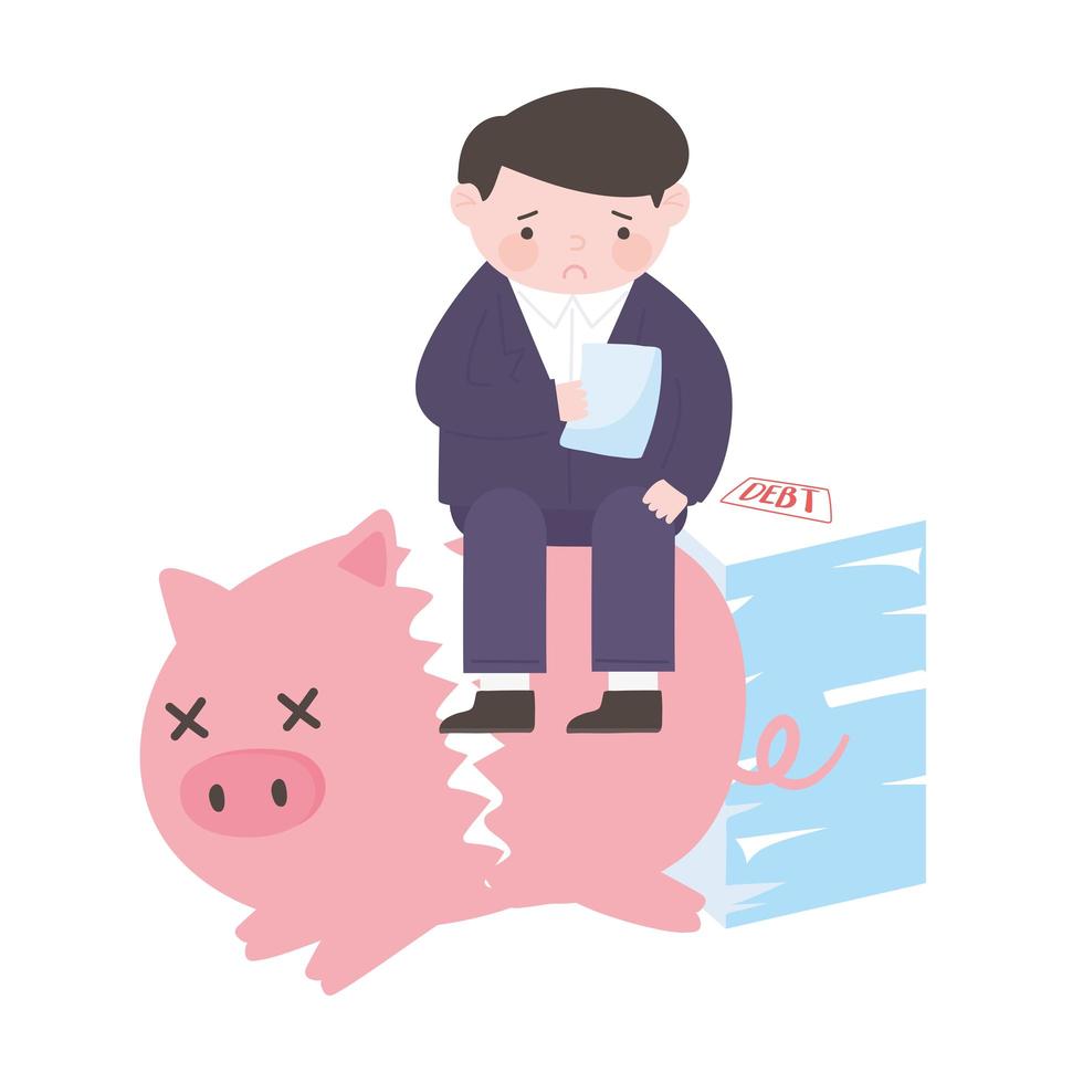 bankruptcy man sitting on stack of paper debt and broken piggy bank vector
