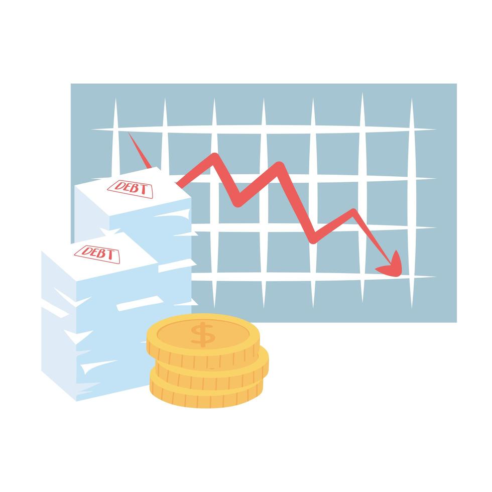 bankruptcy downward arrow chart coins and debt papers vector