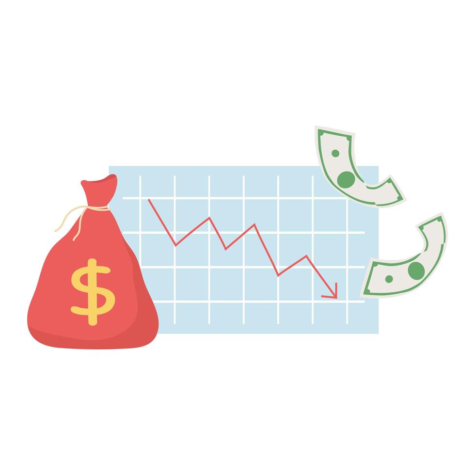 informe de diagrama de quiebra, bolsa de dinero y billetes vector