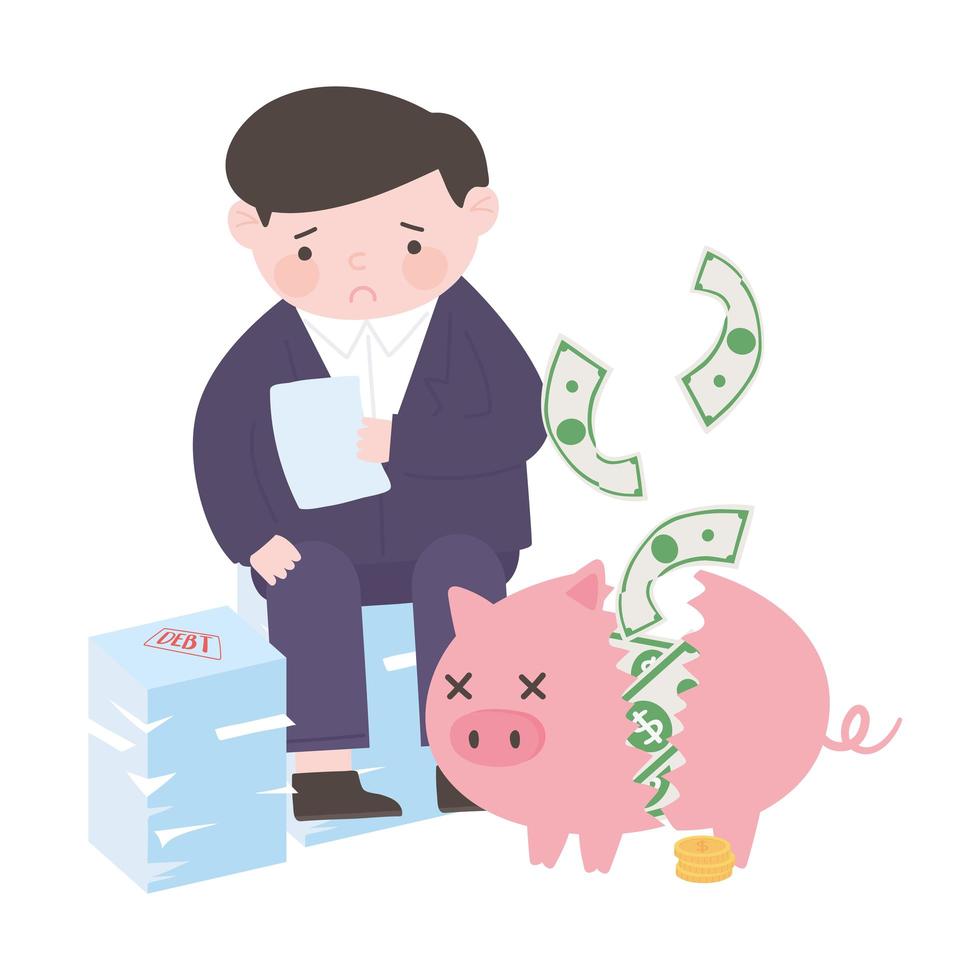 bankruptcy sad businessman with piggy bank and banknotes money vector