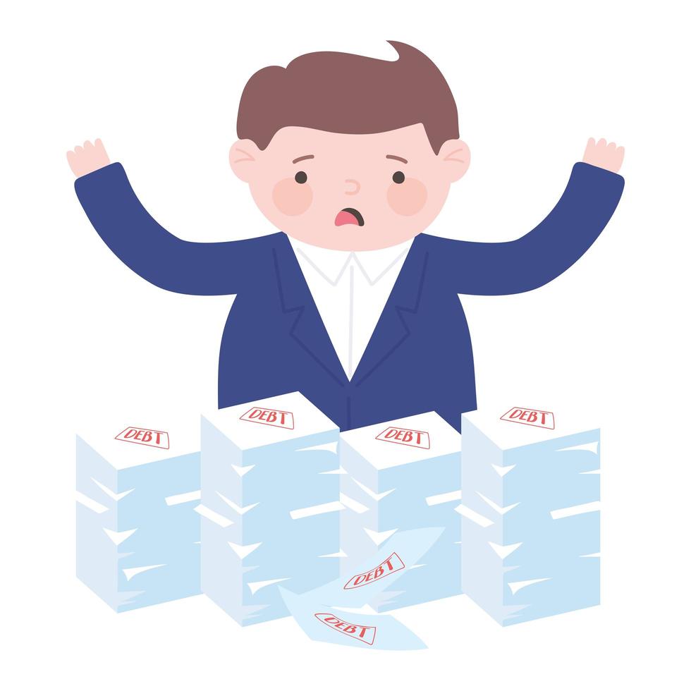 bankruptcy worried businessman with debt stacked papers vector