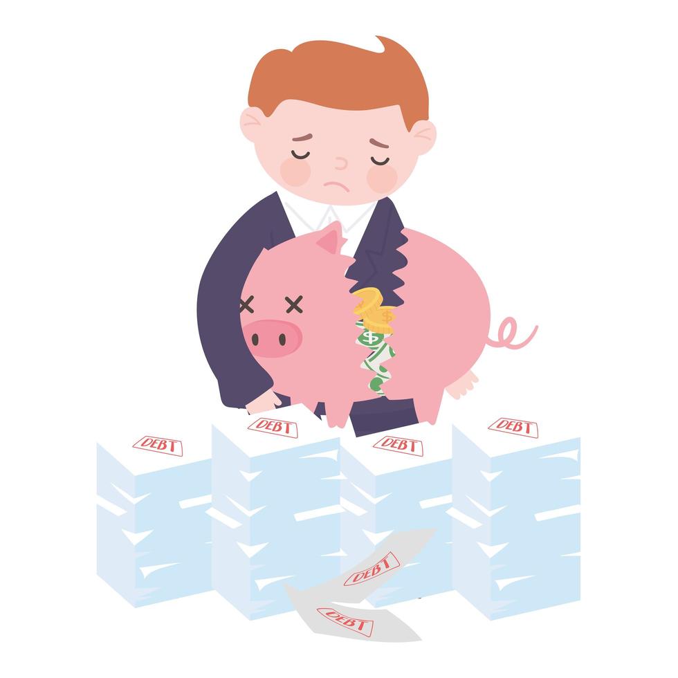 bankruptcy sad businessman holding broken piggy bank with money and debt papers business financial crisis vector