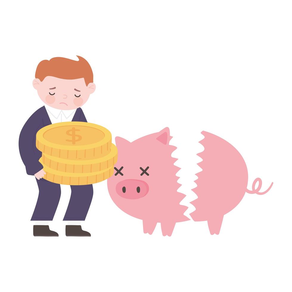 bankruptcy sad businessman with coins and broken piggy bank business financial crisis vector