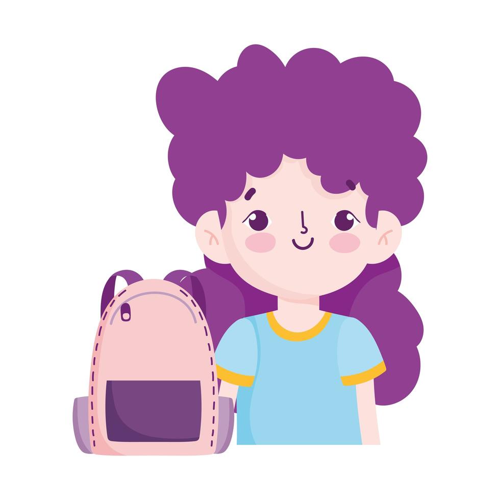 regreso a la escuela, niña estudiante y mochila dibujos animados de educación elemental vector