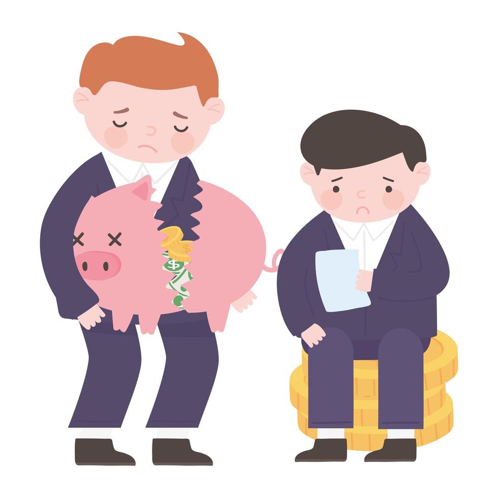 bankruptcy businessmen holding piggy bank and coins business financial crisis vector