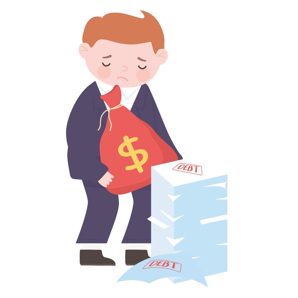 bankruptcy sad businessman holds bag money debt papers business financial crisis vector