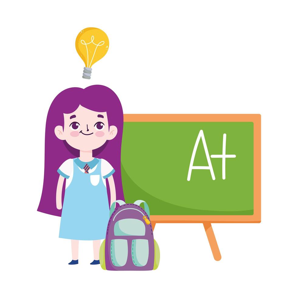 back to school, student girl backpack chalkboard elementary education cartoon vector