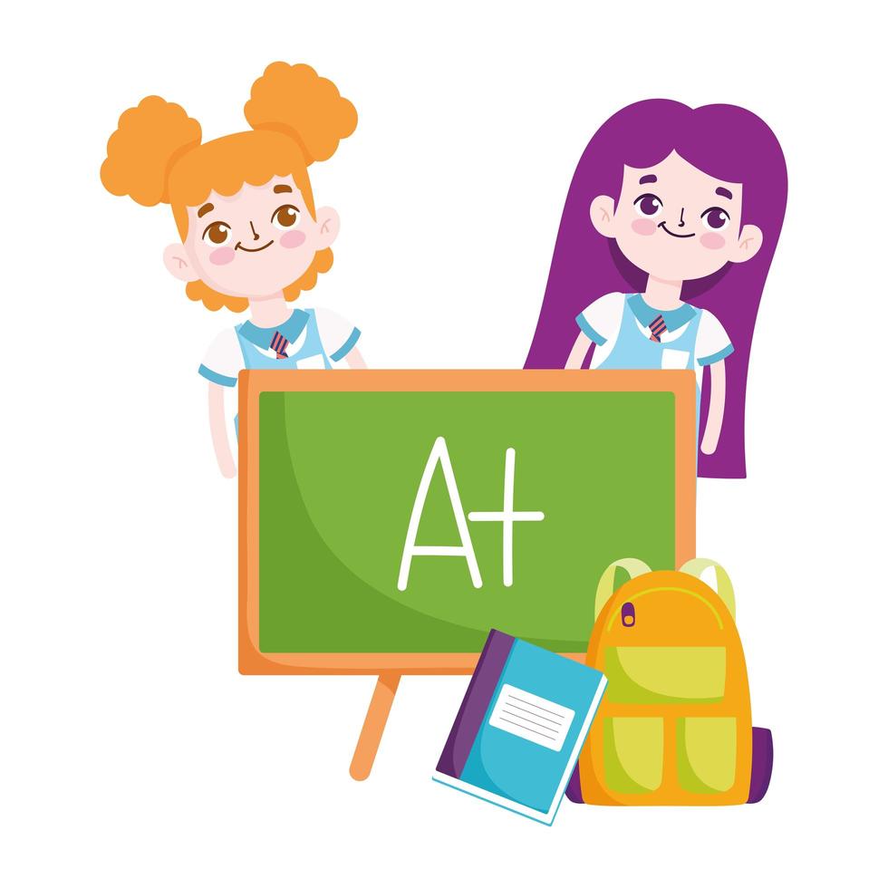 back to school, student girls blackboard backpack notebook elementary education cartoon vector