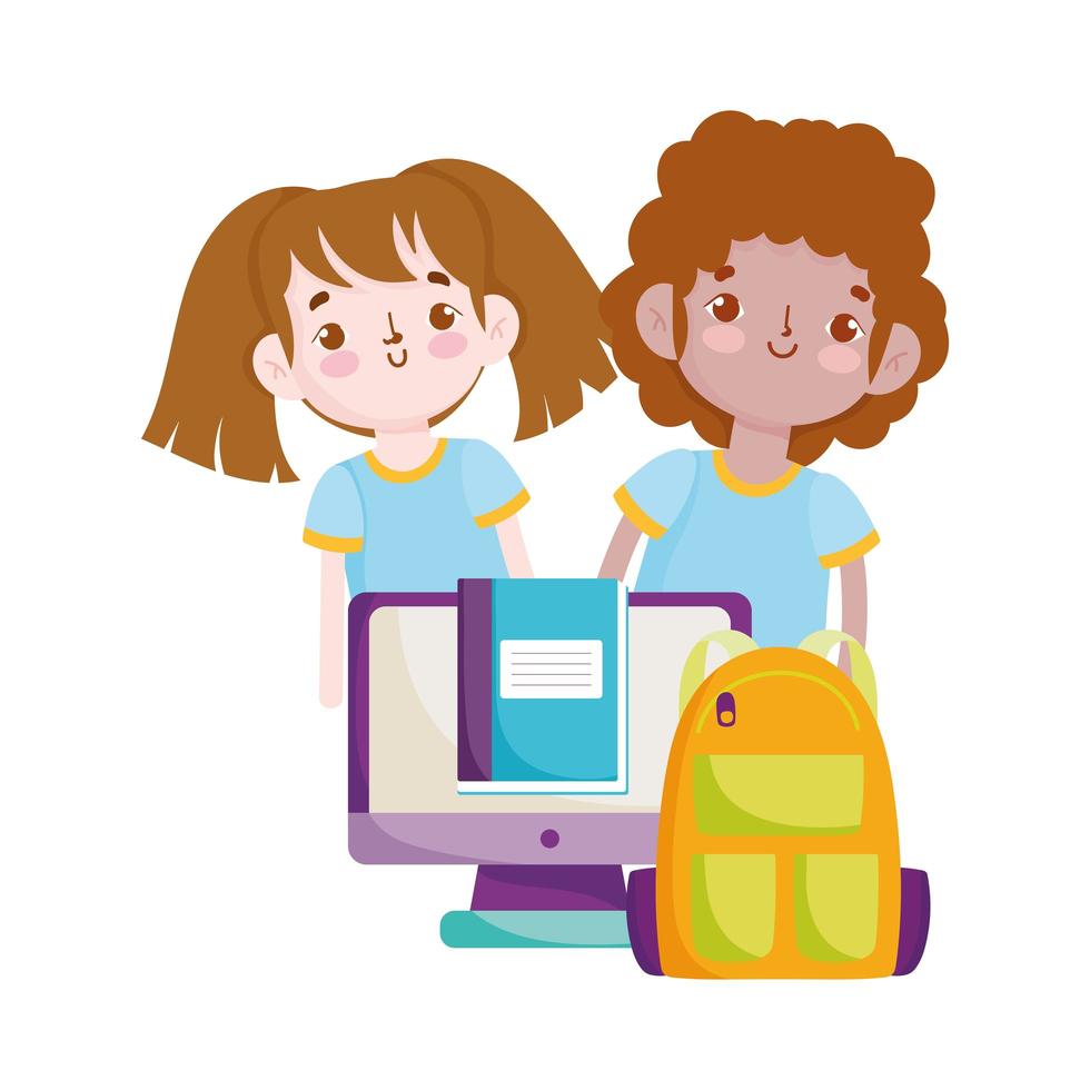 back to school, student boy and girl backpack computer textbook elementary education cartoon vector