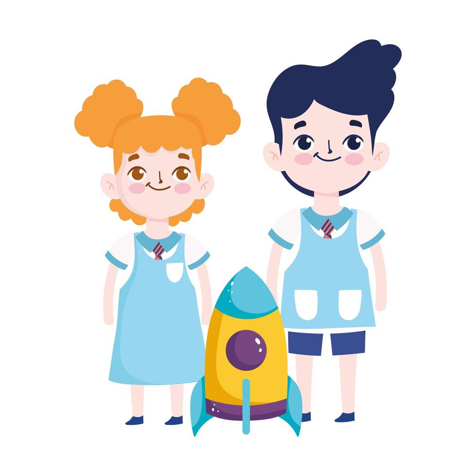 back to school, student boy and girl rocket elementary education cartoon vector