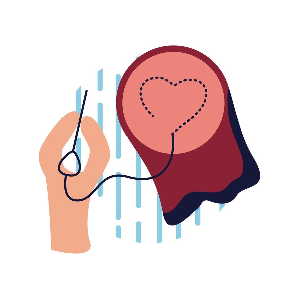 Hand with thread and needle doing heart flat style icon vector design