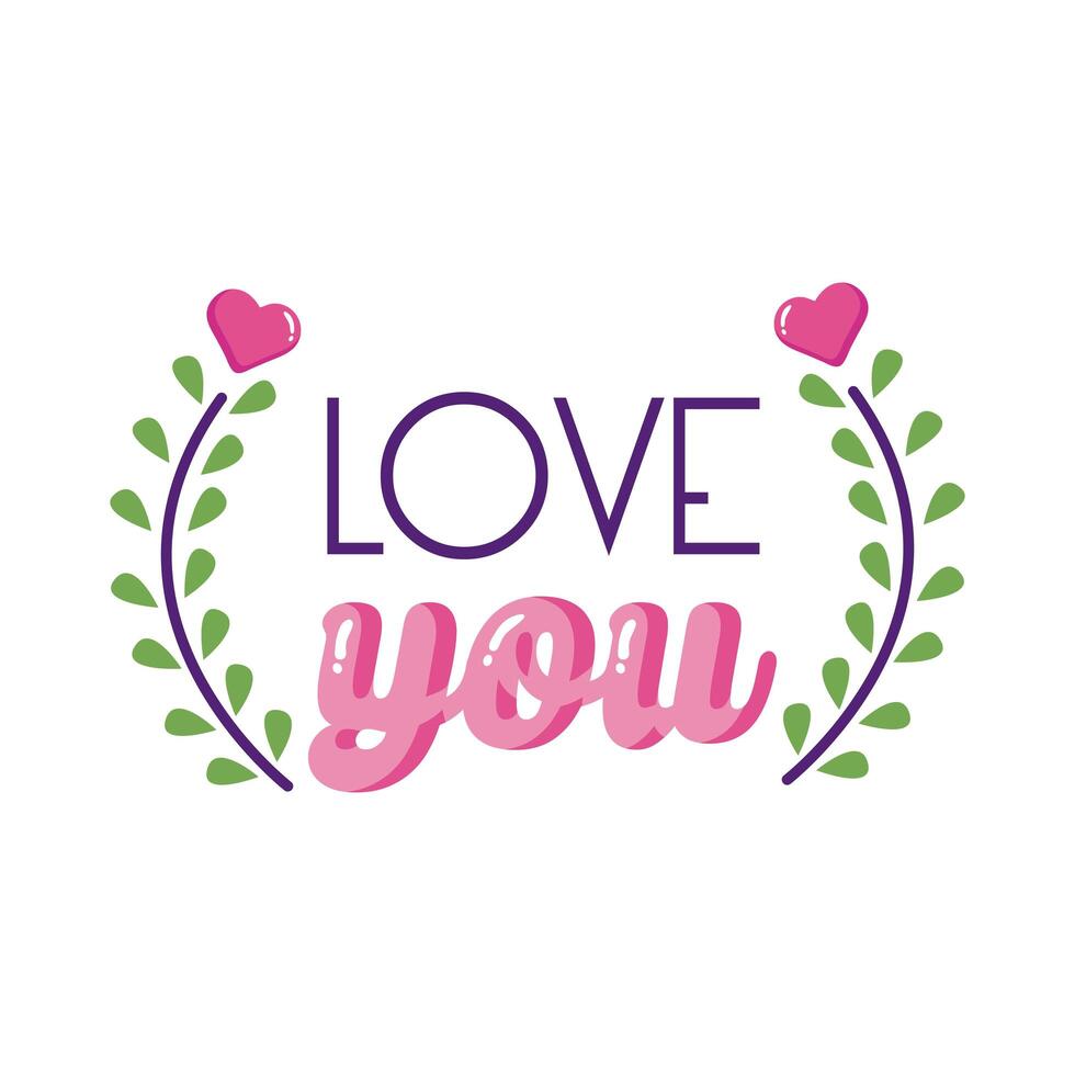 Love you text and leaves wreath flat style icon design vector