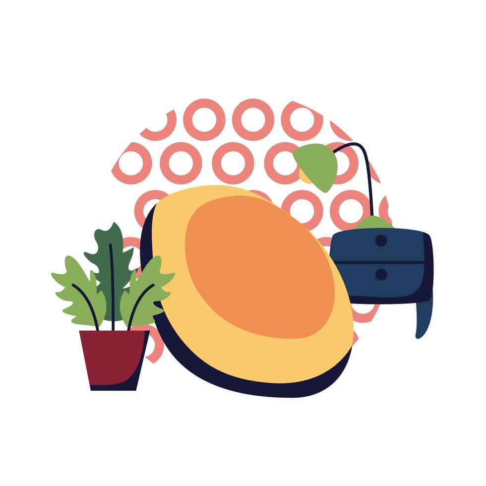 Puff chair with plant inside pot and lamp flat style icon vector design