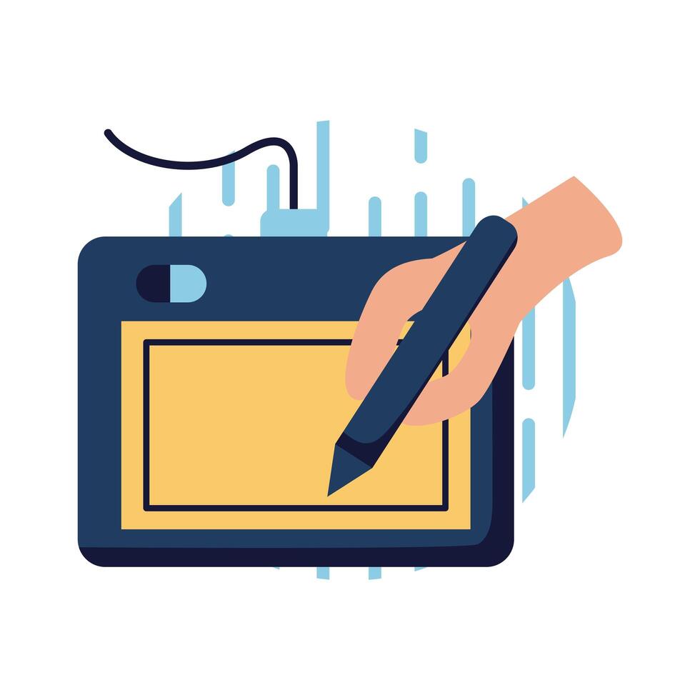 Tablet and hand holding digital pen flat style icon vector design