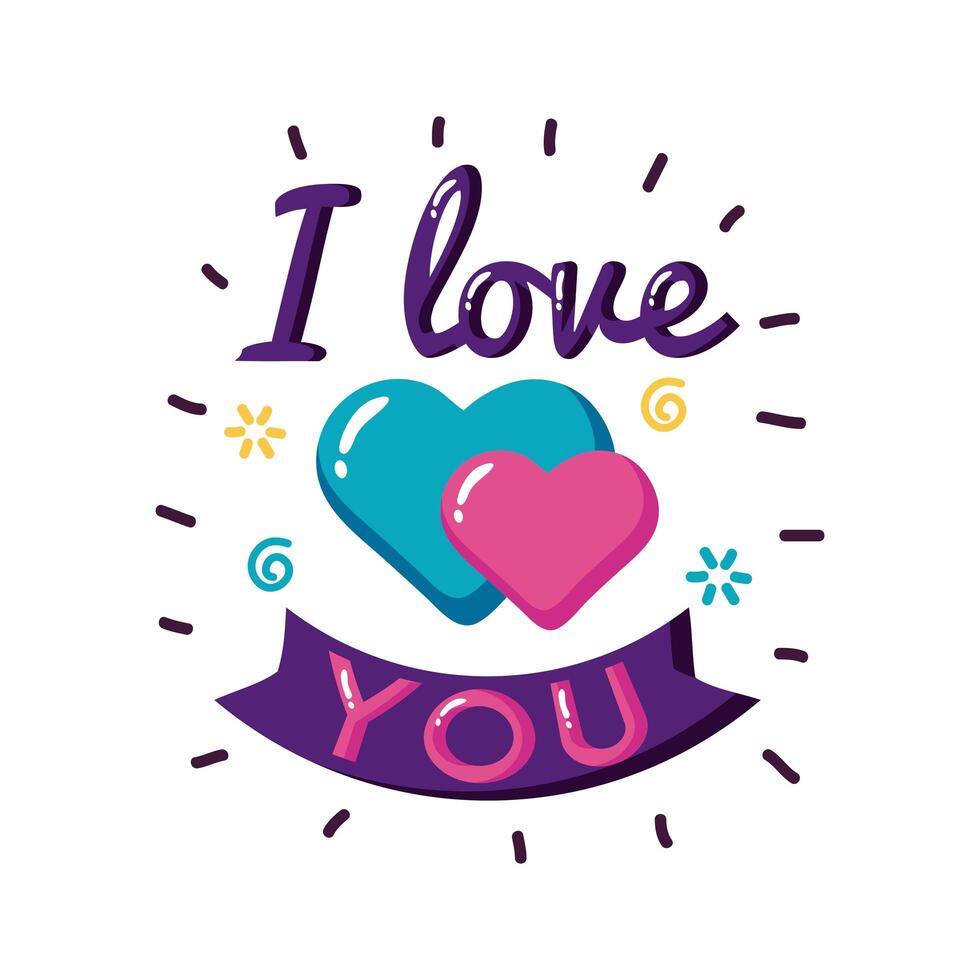 I love you text with hearts and ribbon flat style icon design vector