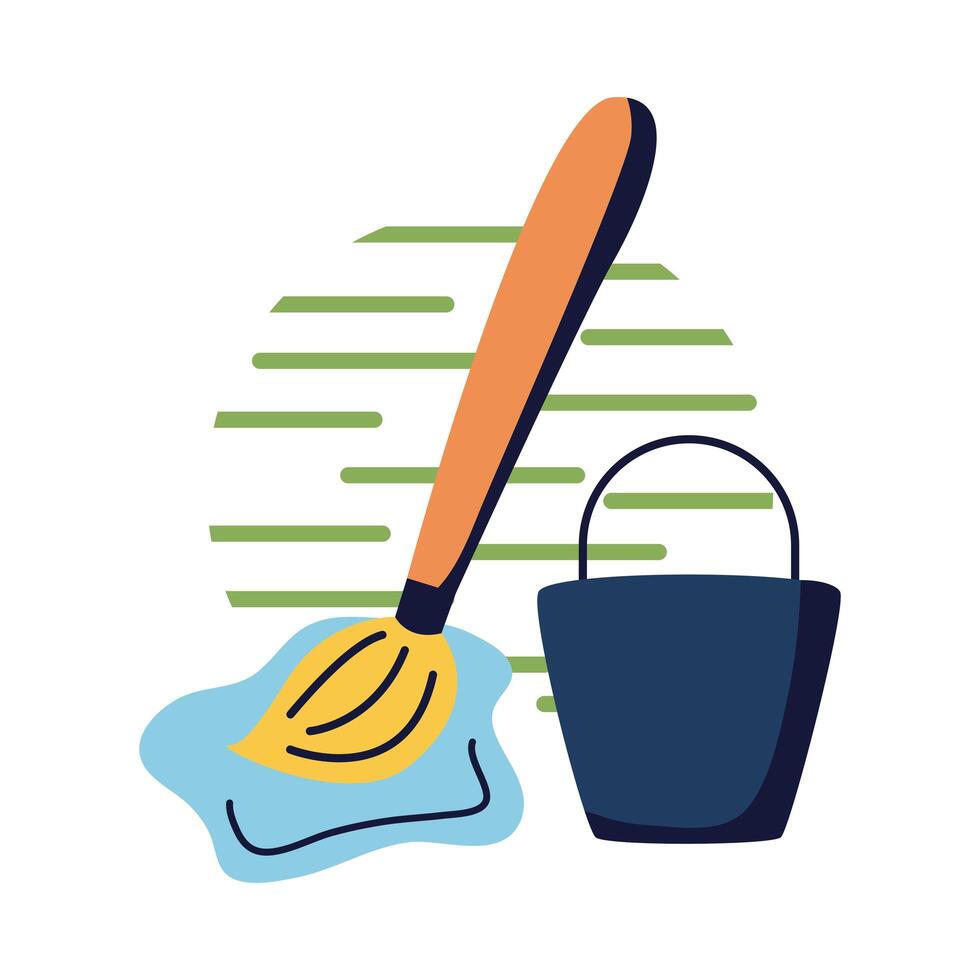 Water bucket and mop flat style icon vector design