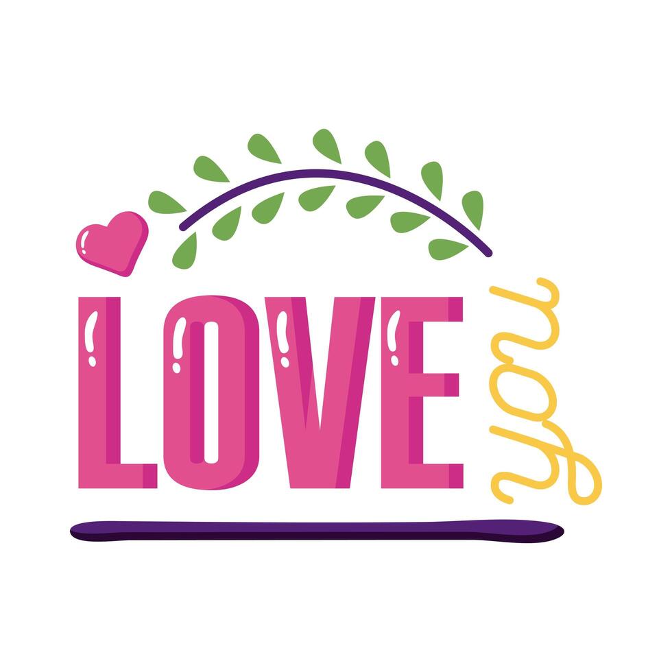 Love you text with leaves wreath flat style icon design vector