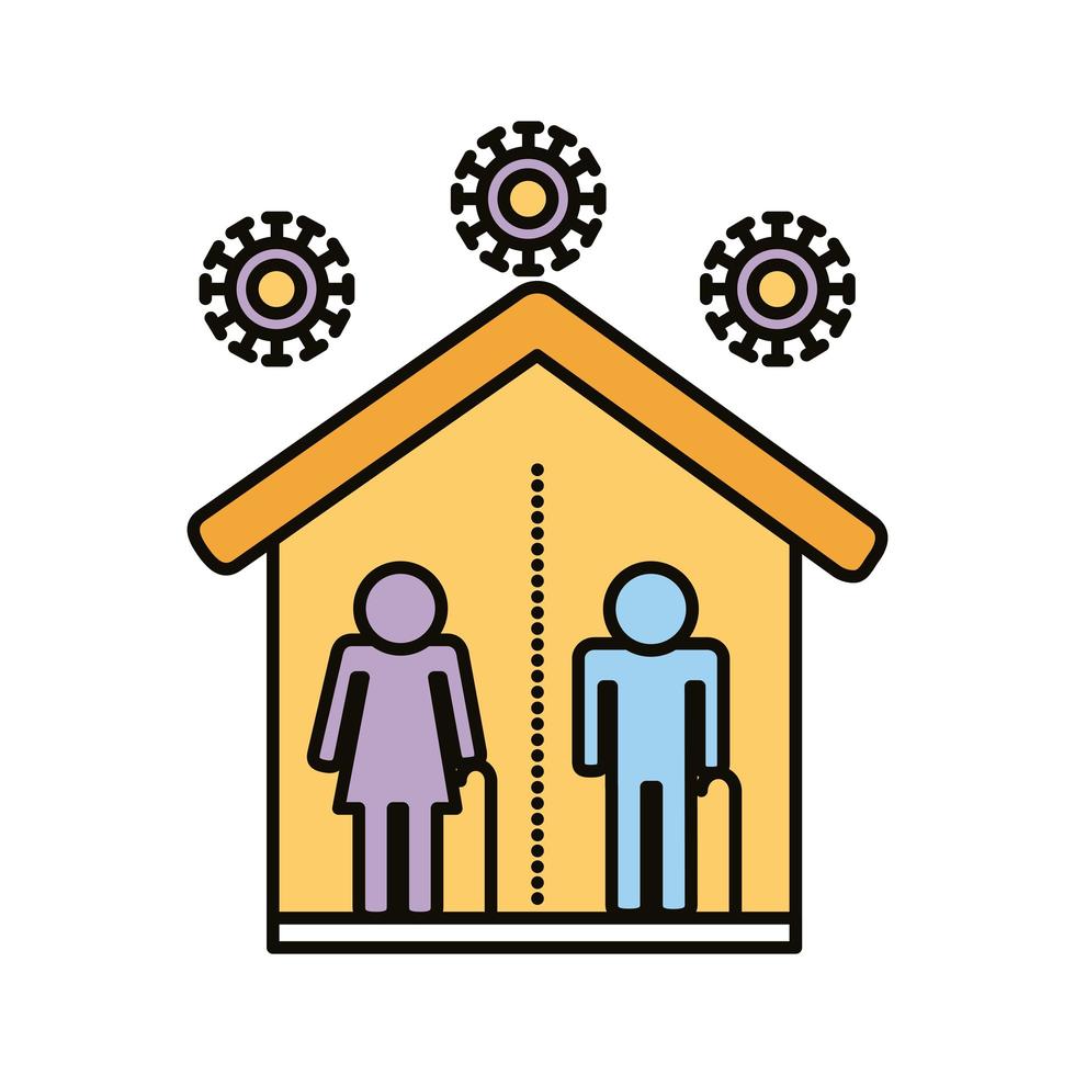 old couple with social distance in house line and fill style icon vector