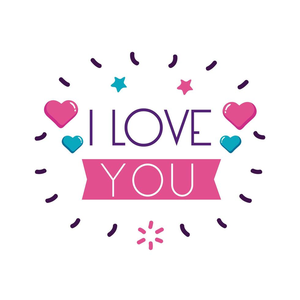 I love you text with hearts and ribbon flat style icon design vector