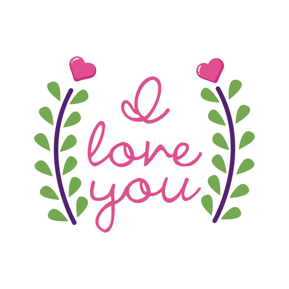 Love you text and leaves wreath flat style icon vector design